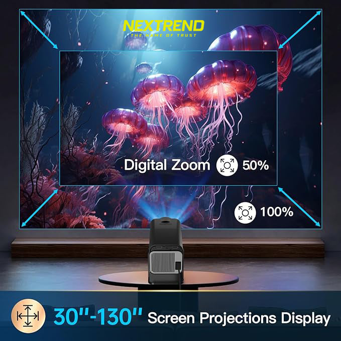 Projector displaying an underwater scene with jellyfish, labeled 'Nextrend' and showing digital zoom options.
NexTrend UAE Cash on Delivery