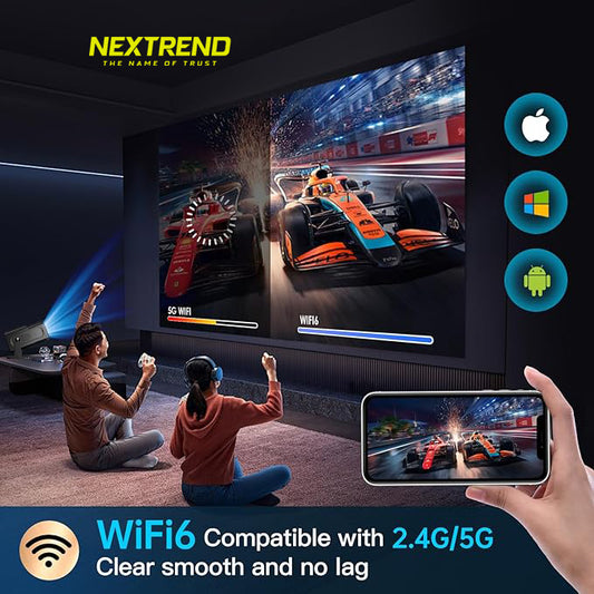 Two people watching a racing game on a large screen with a smartphone showing the same game, featuring Nextrend brand.
NexTrend UAE Cash on Delivery