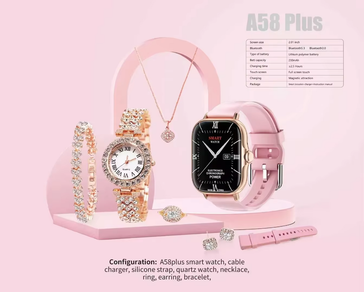 A58 Plus women's smartwatch specifications and included accessories