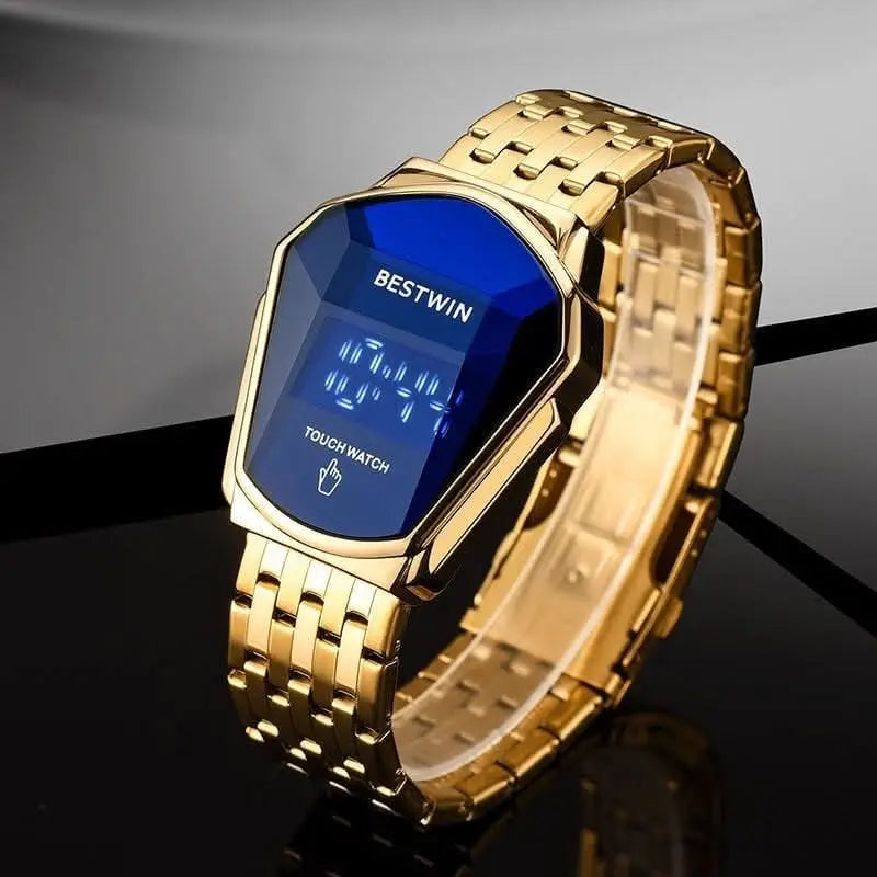 Bestwin men's golden digital square watch with steel chain