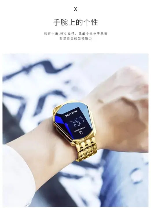 Bestwin golden digital square watch worn on wrist