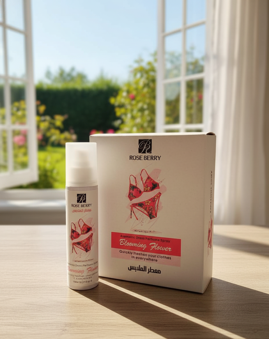 Rose Berry product packaging on a table with a garden view NexTrend