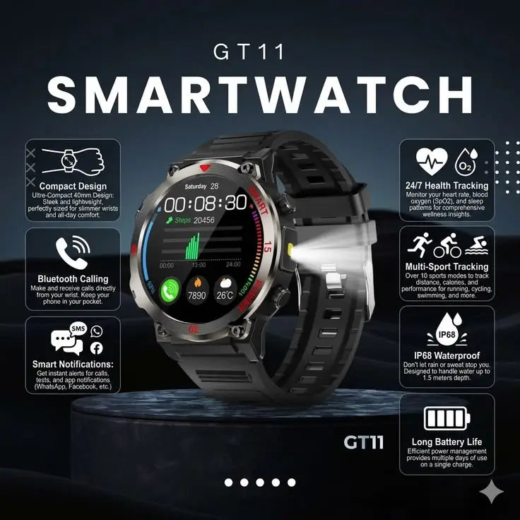 GT11 rugged smartwatch Bluetooth calling and fitness features