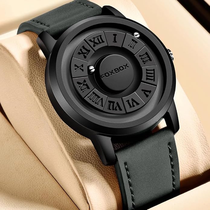 Black magnetic ball watch for men with leather strap