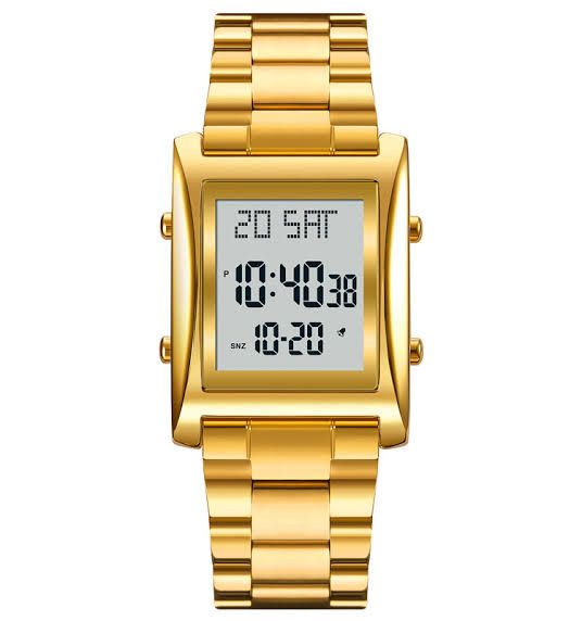 Men's golden digital square watch front view