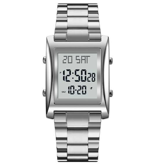 Men's silver digital square watch front view