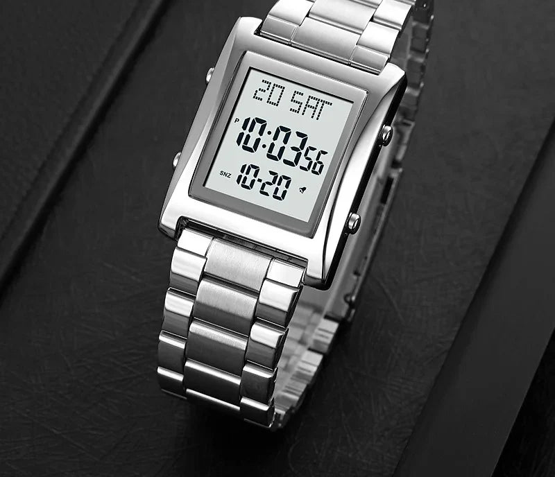 Men's silver digital square watch with stainless steel chain