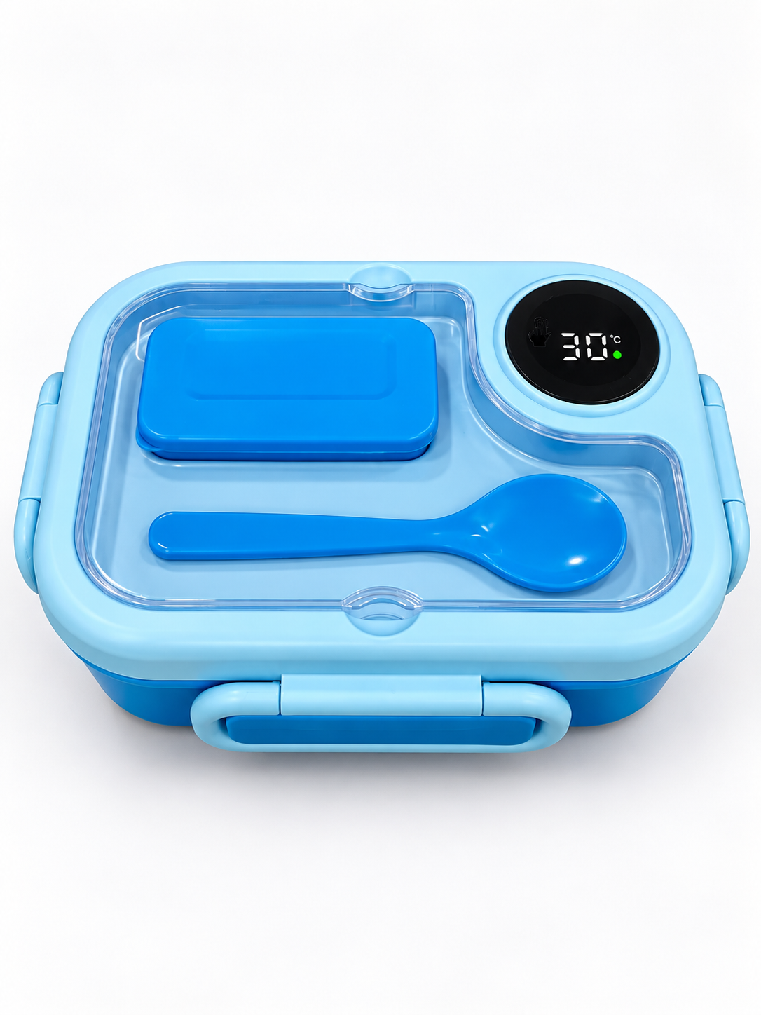 Blue 800ml digital temperature lunch box with transparent lid
