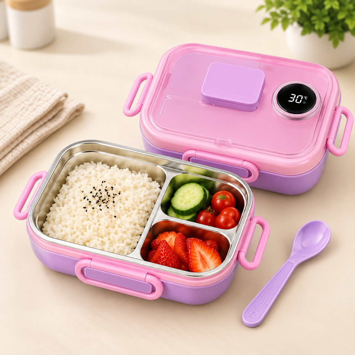 Pink digital temperature lunch box with food compartments and spoon