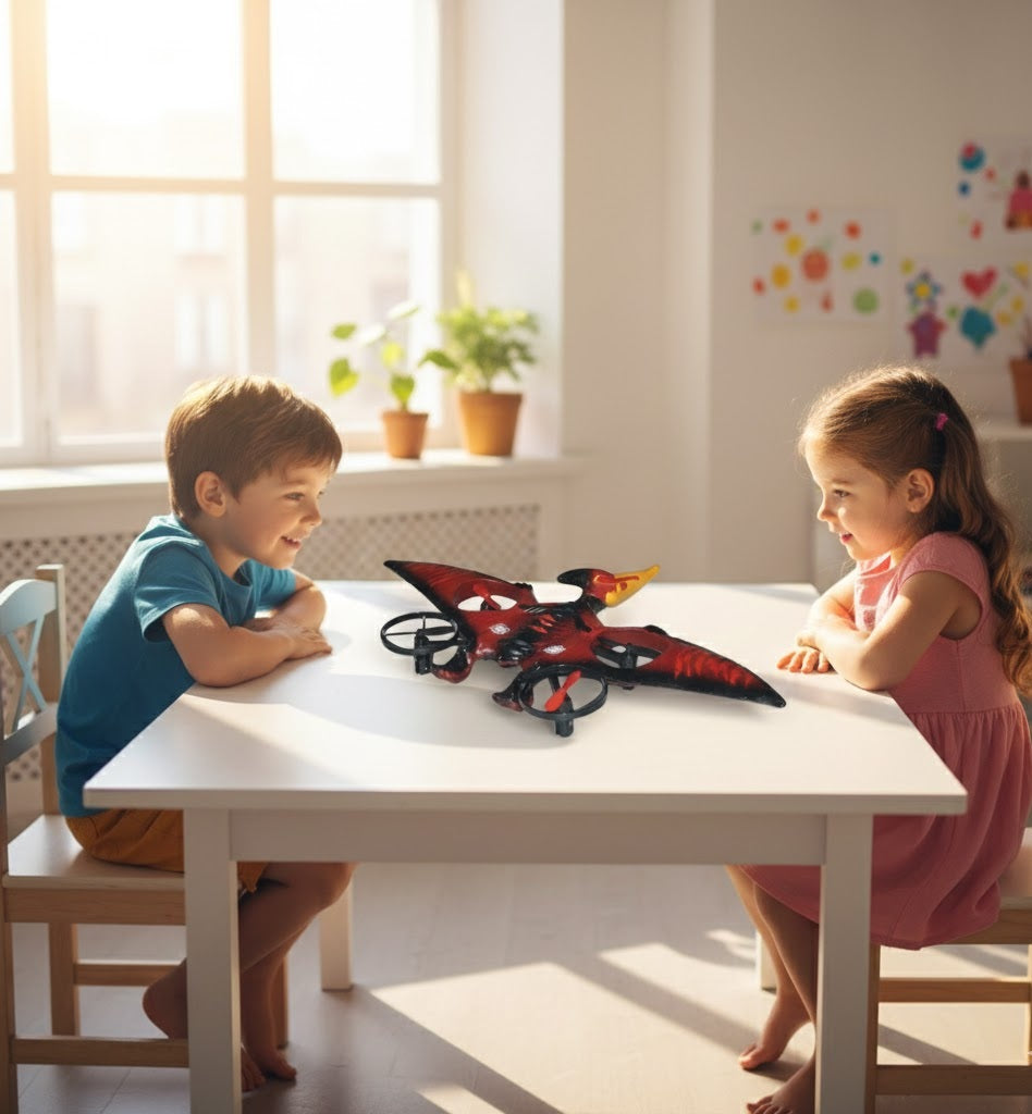Two children playing with a toy dragon at a table in a bright room.  Fast shipping all over dubai Orenza.store UAE