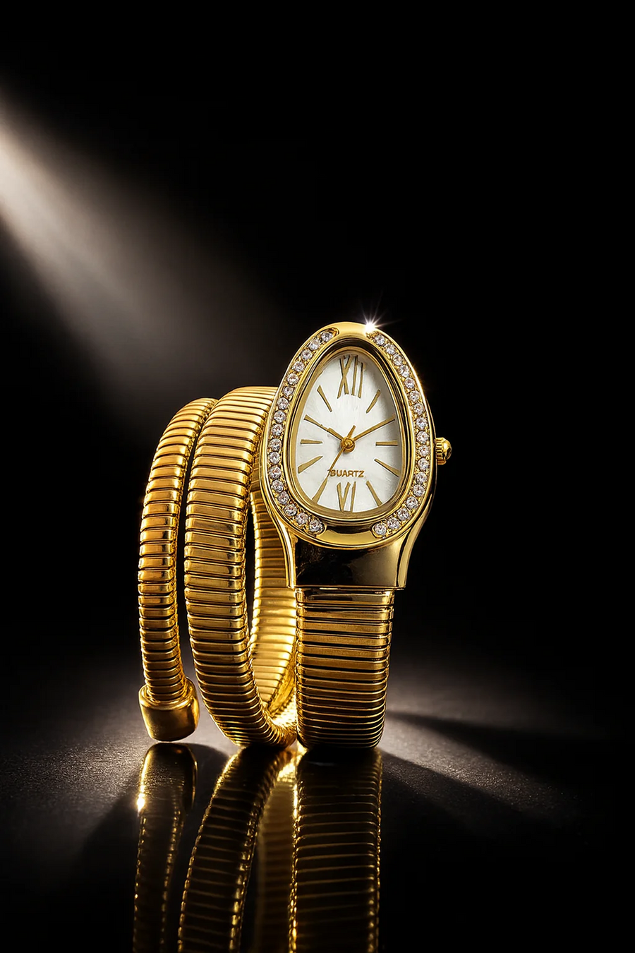Women's gold snake wrap bracelet watch with crystal bezel